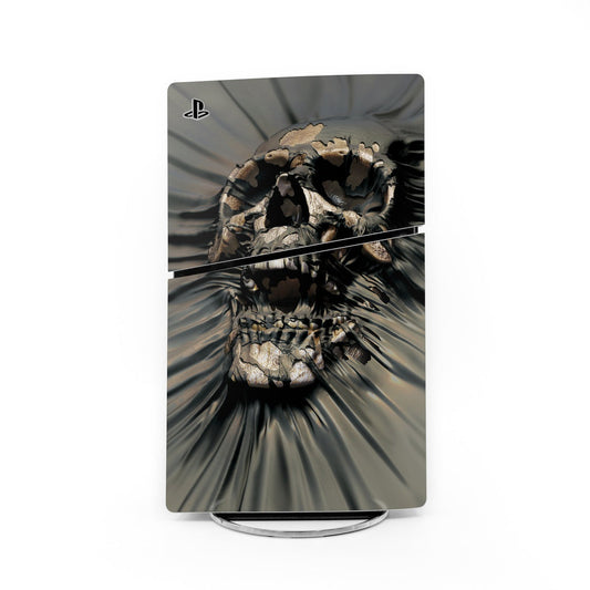 PlayStation 5 Slim skin with skull graphic and dark gray camouflage-style pattern