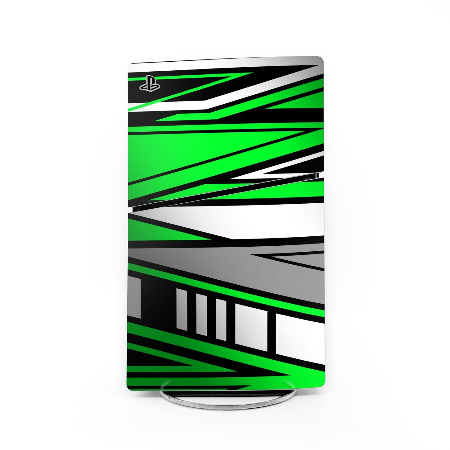 PlayStation PS5 Slim skin slider decal with green, black, and white geometric stripes