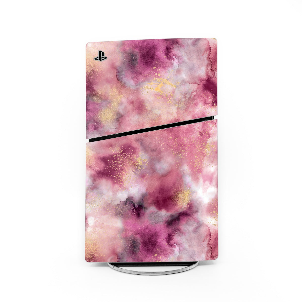 PlayStation 5 Slim skin with smoky watercolor marble pattern, purple pink and gold, PS logo