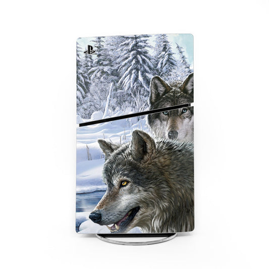 PS5 Slim skin decal with frosty wolf and snowy landscape artwork