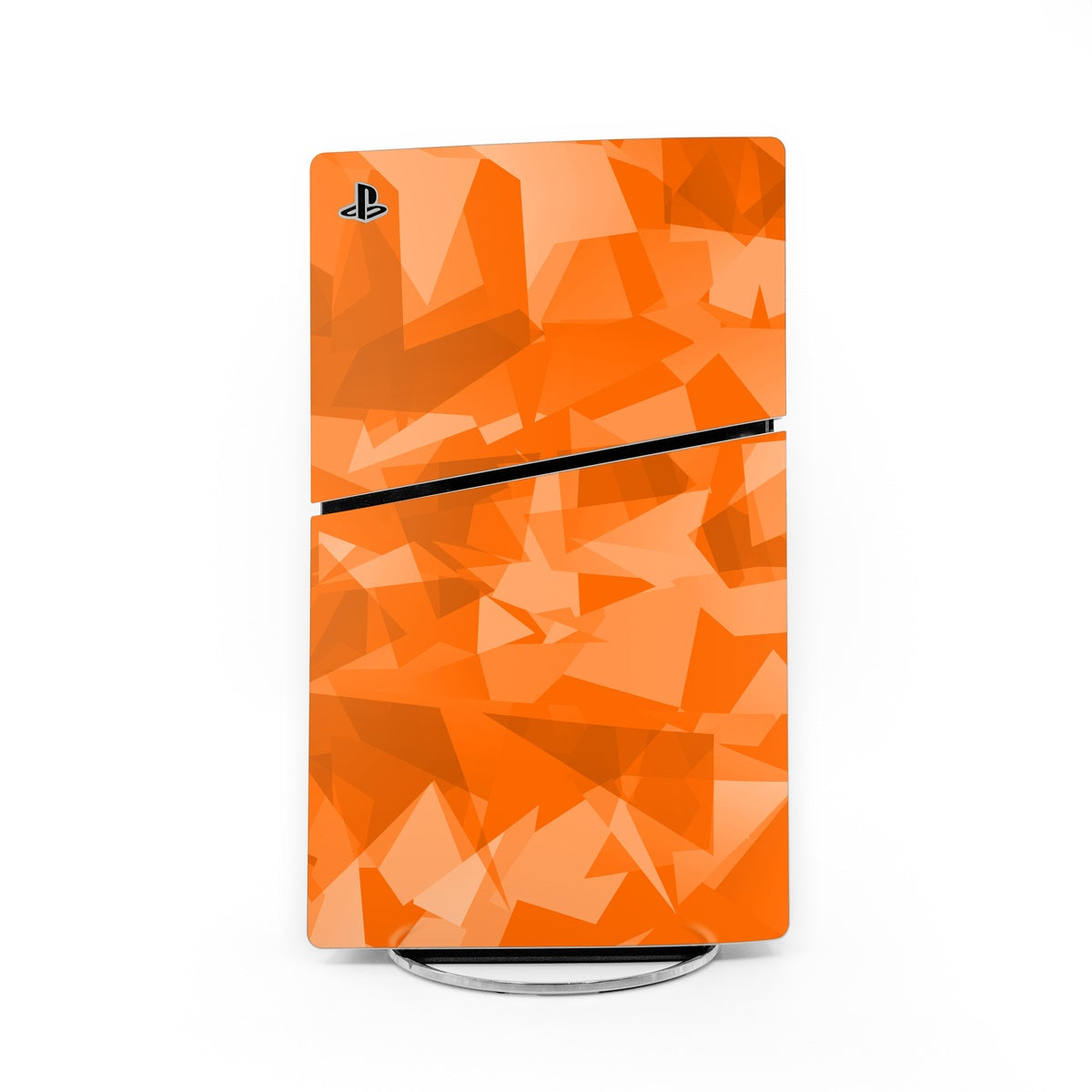 PS5 Slim console skin, orange geometric pattern with PlayStation logo
