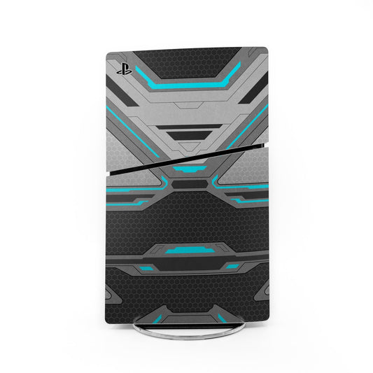 Sony PS5 Slim skin wrap with geometric gray and black sci-fi pattern
