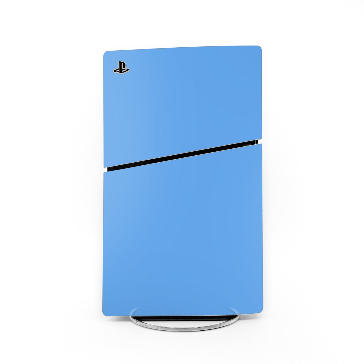 PlayStation PS5 Slim skin, solid blue with PS logo and black horizontal stripe