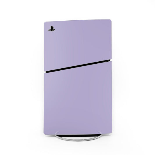 Lavender Sony PS5 Slim skin decal with PlayStation logo and black stripe