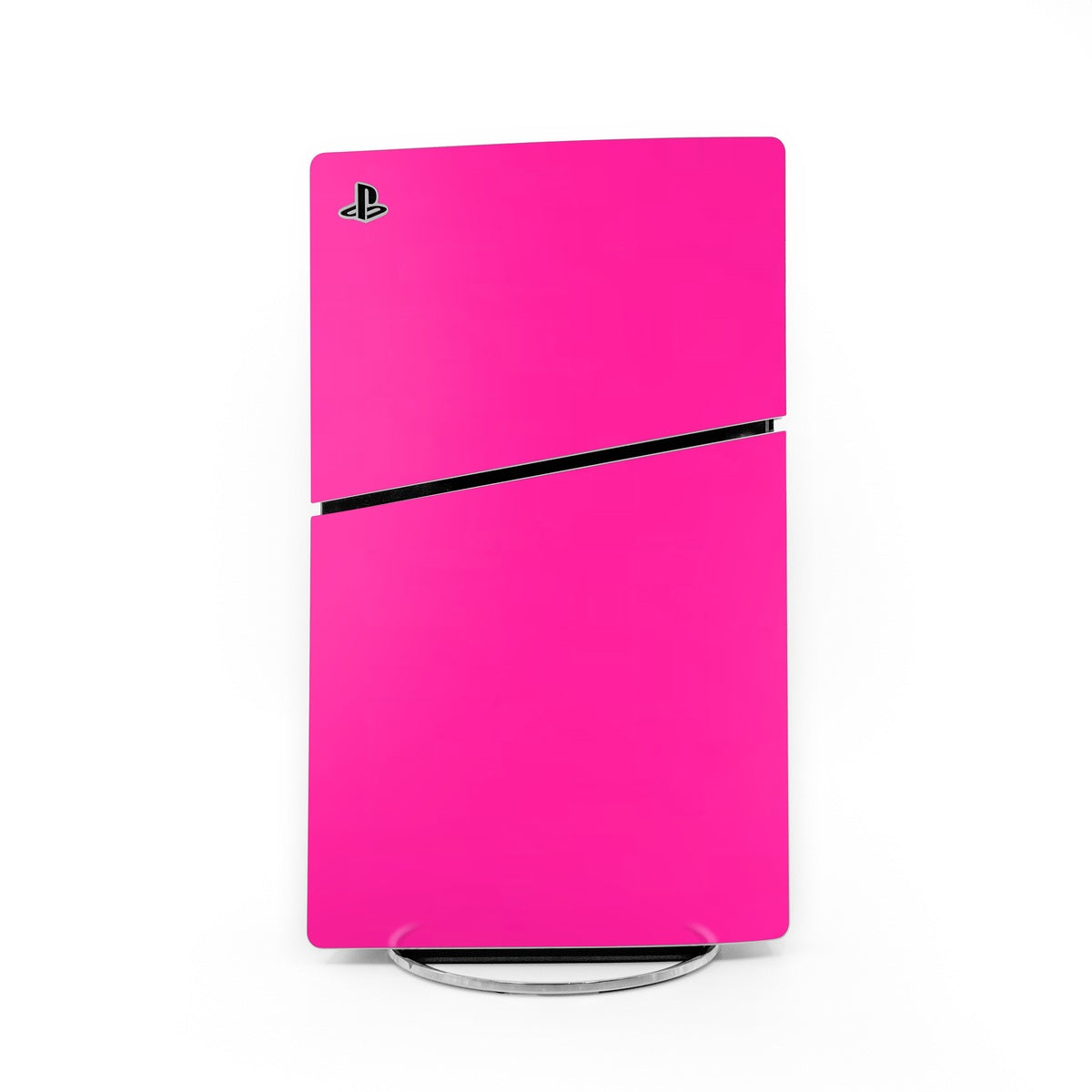 Pink PS5 Slim skin with PlayStation logo and black horizontal stripe