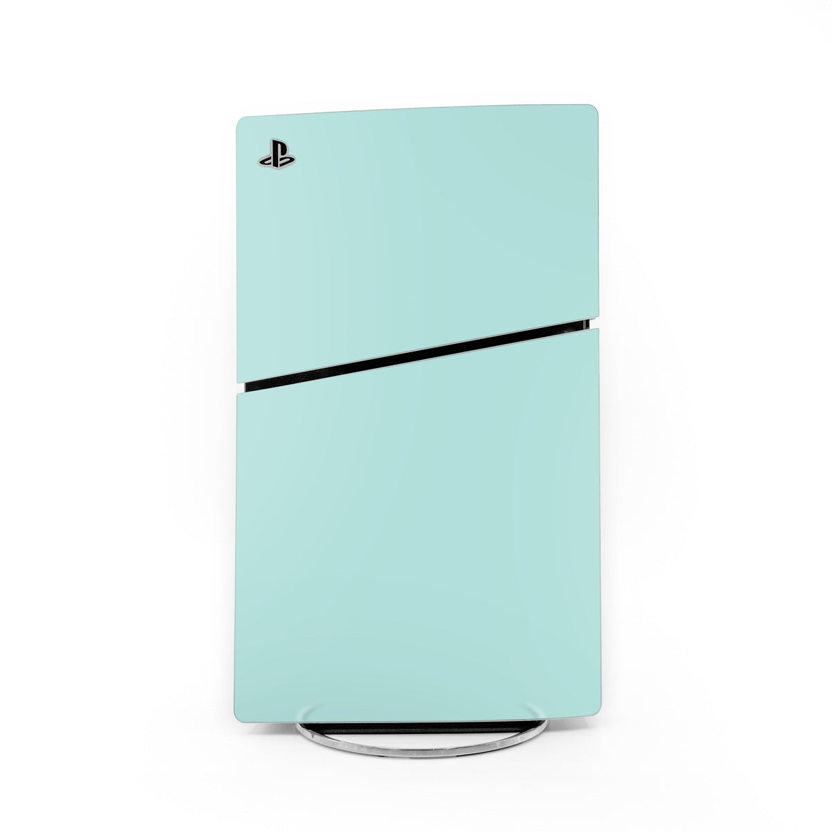 Mint PS5 Slim skin decal with PlayStation logo and black stripe