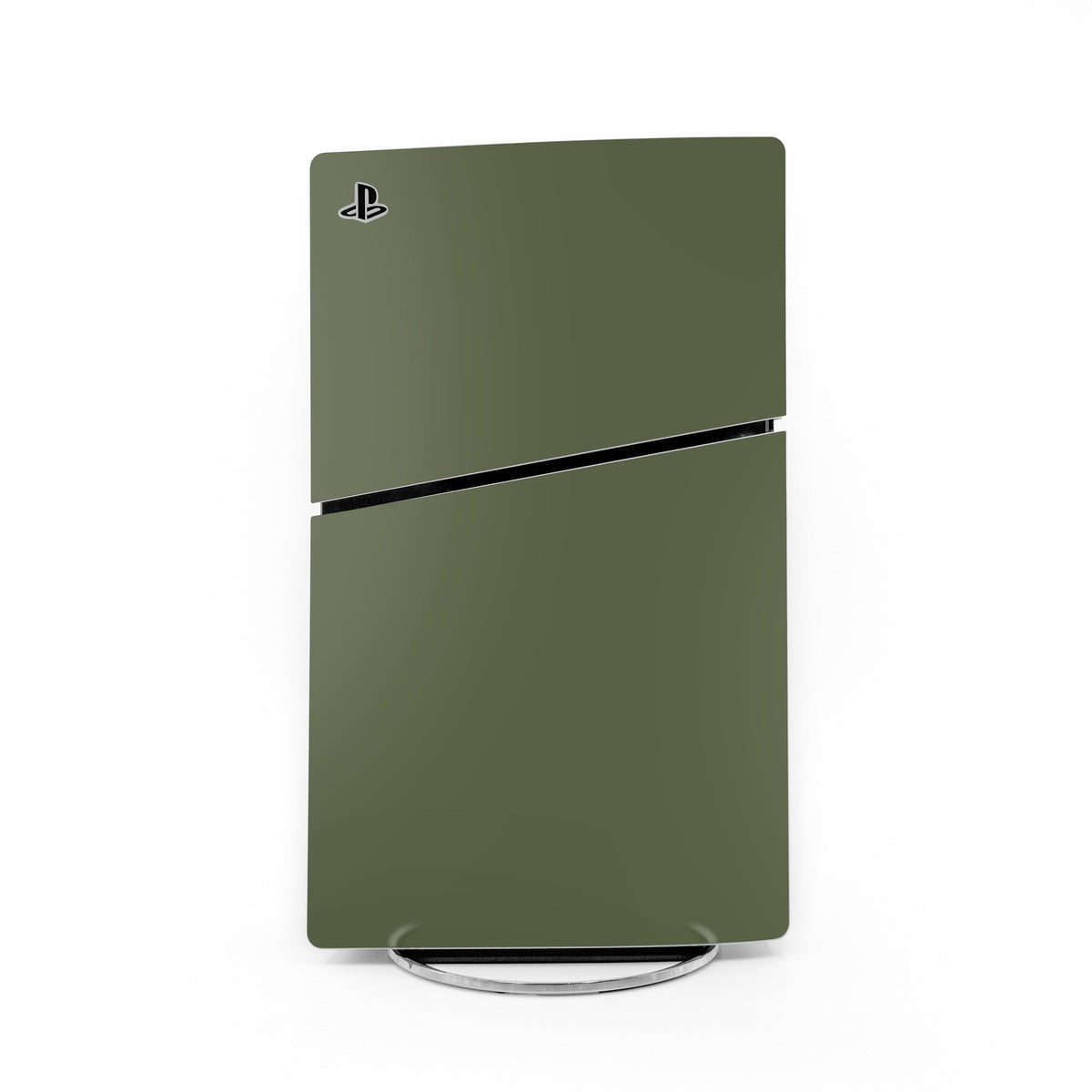Sony PS5 Slim skin, olive drab matte with PlayStation logo and black stripe