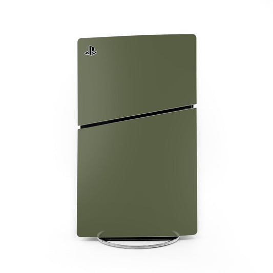 Sony PS5 Slim skin, olive drab matte with PlayStation logo and black stripe