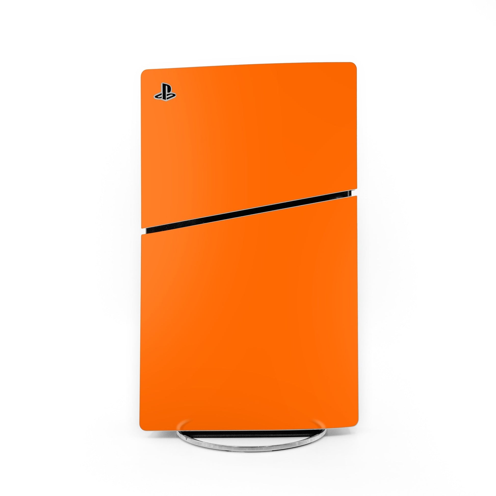 Orange PlayStation 5 Slim skin with black stripe and PS logo