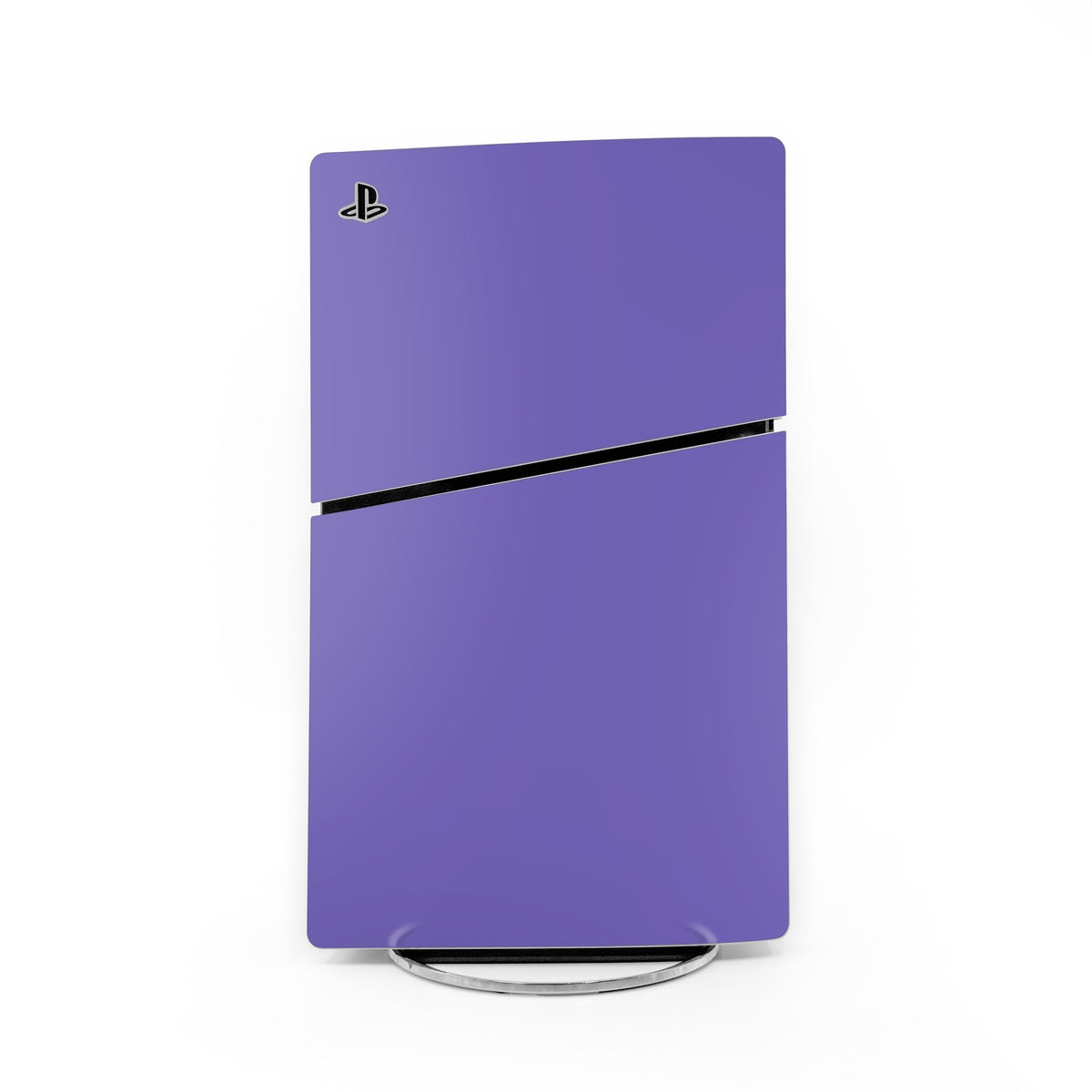 Purple Sony PS5 Slim skin with PlayStation logo and black stripe