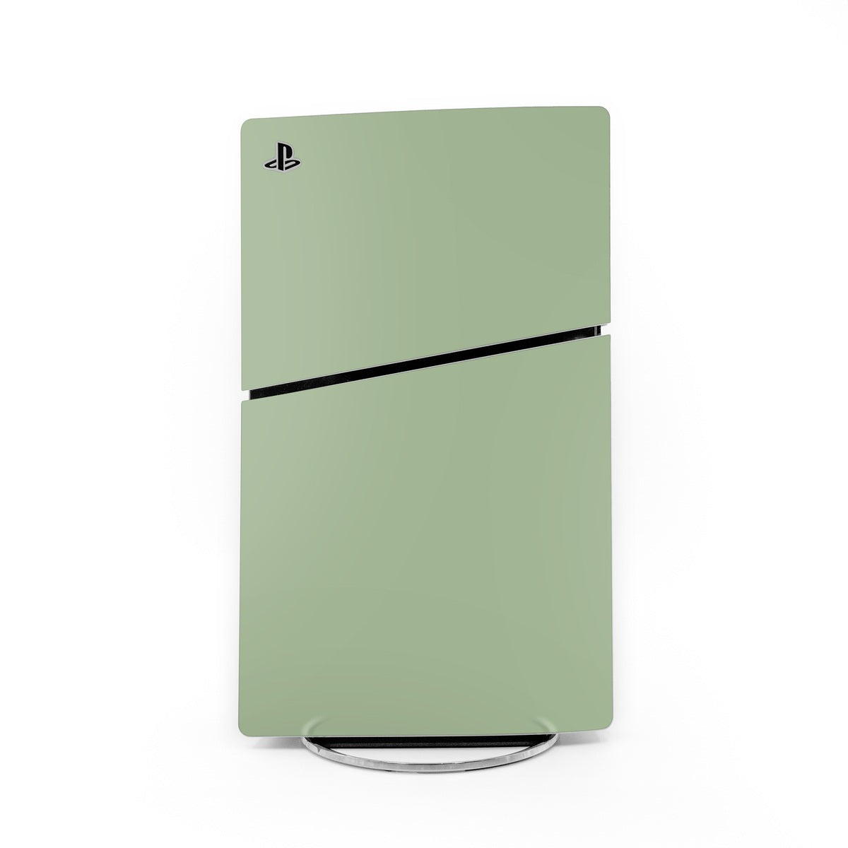 Sage green PS5 Slim skin with PlayStation logo and black stripe across center