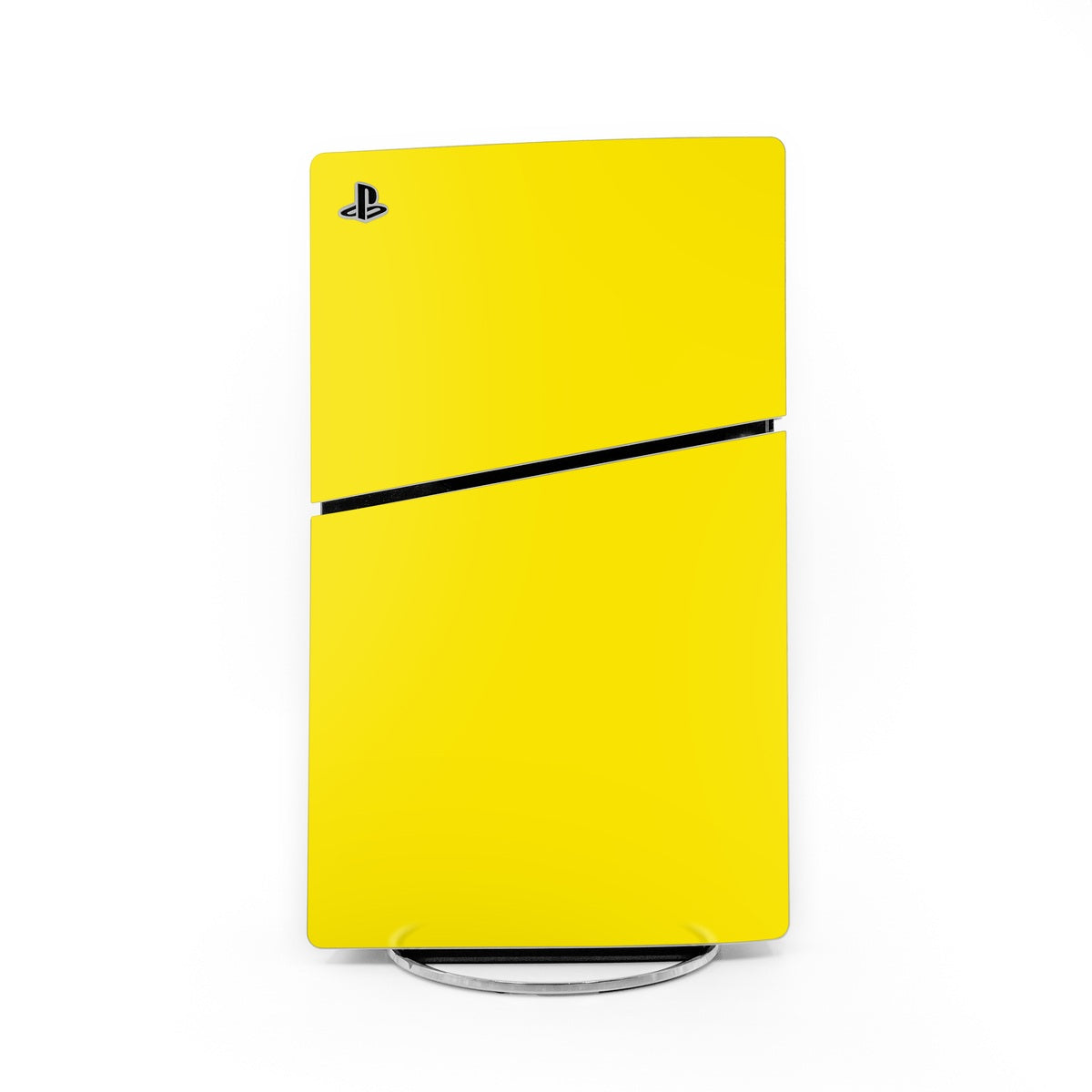 Sony PS5 Slim yellow skin with black horizontal stripe and PlayStation logo