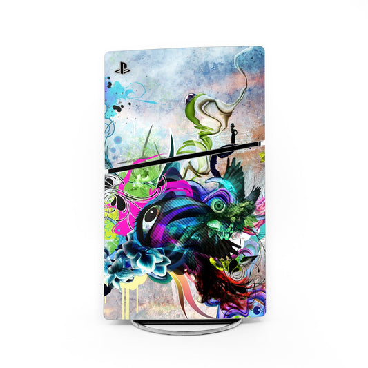 Sony PS5 Slim skin with colorful graffiti dragon art and PlayStation logo