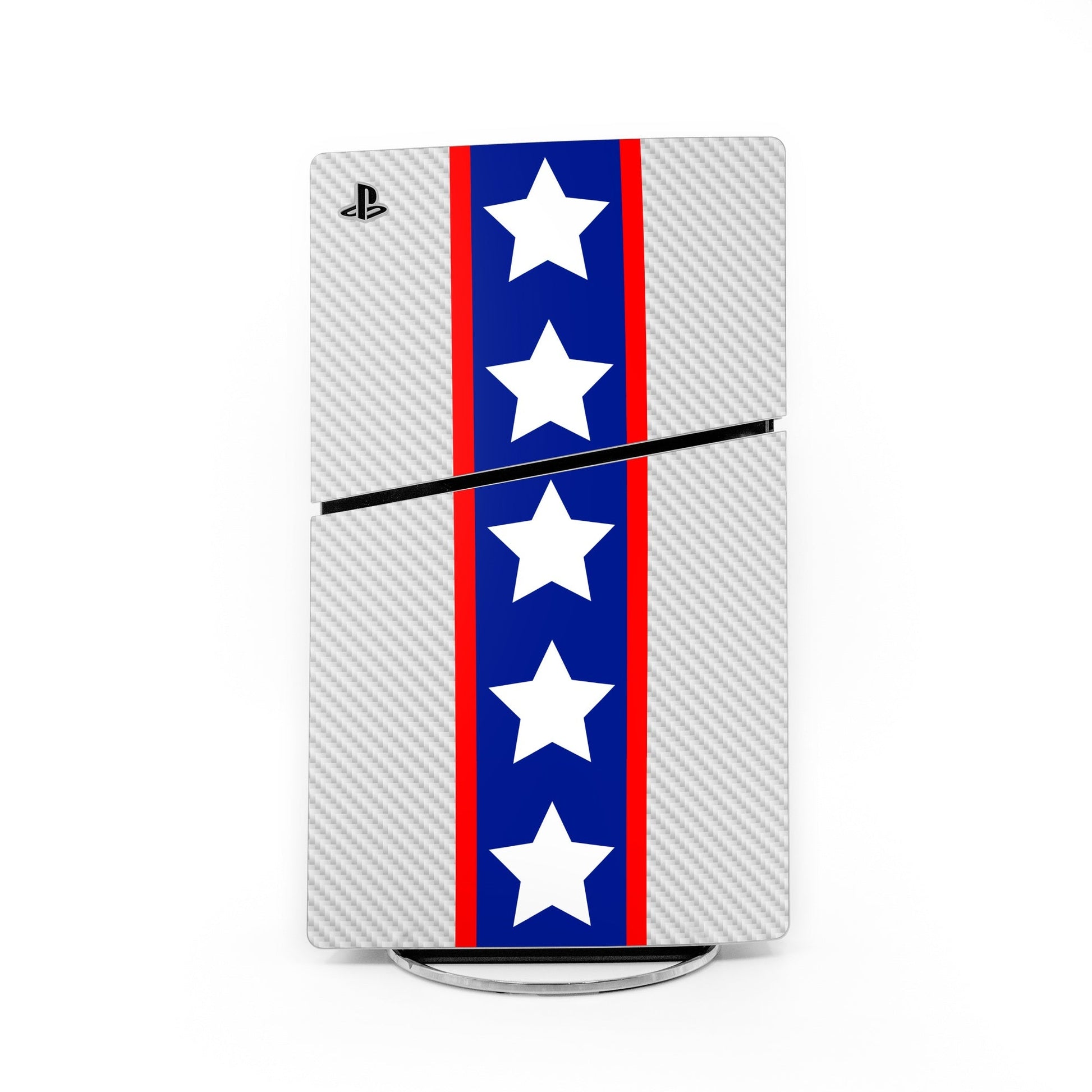 PS5 Slim console skin with gray carbon pattern, blue star stripe, and red border