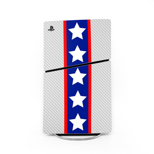 PS5 Slim console skin with gray carbon pattern, blue star stripe, and red border