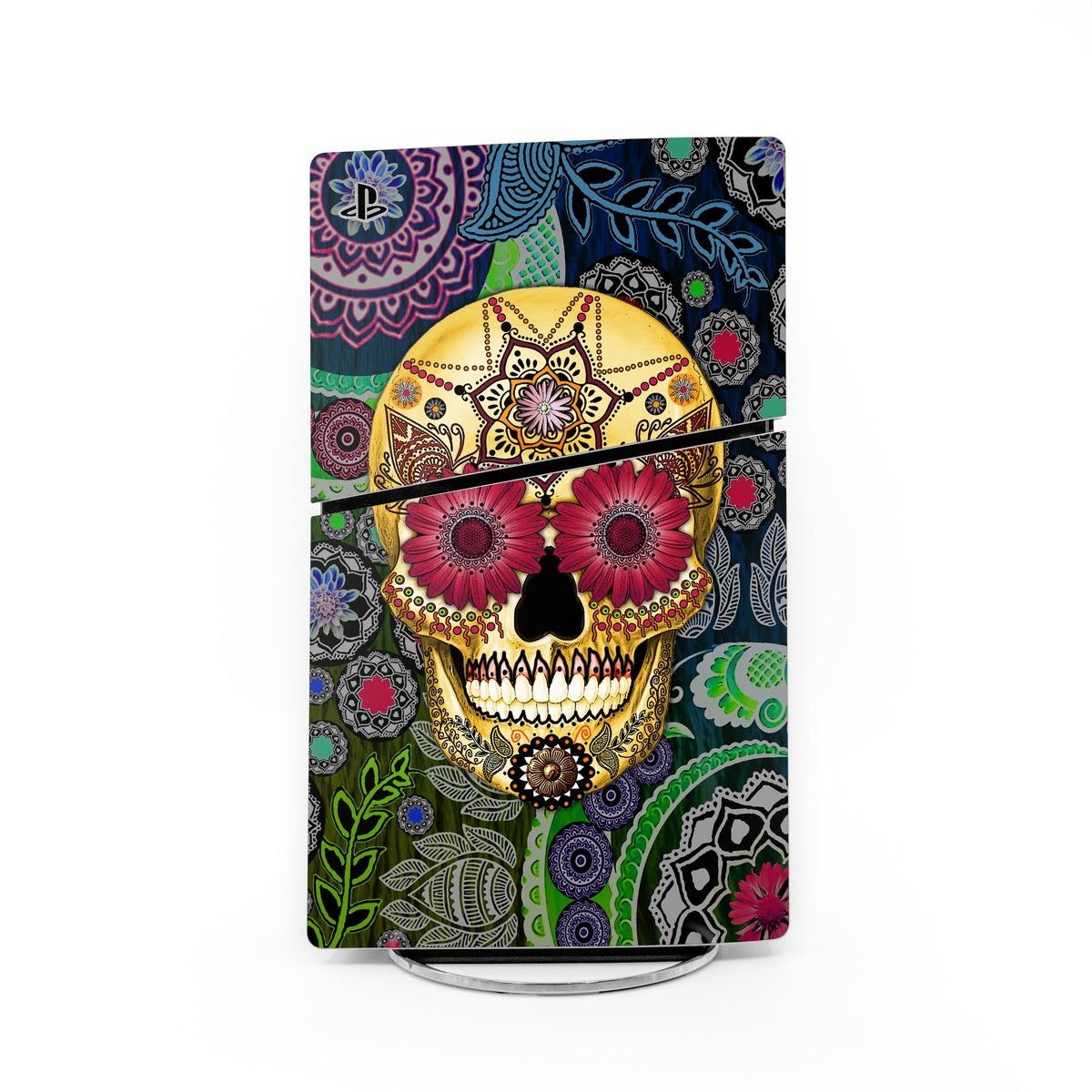 Sugar skull paisley PS5 Slim console skin, purple and green decorative artwork