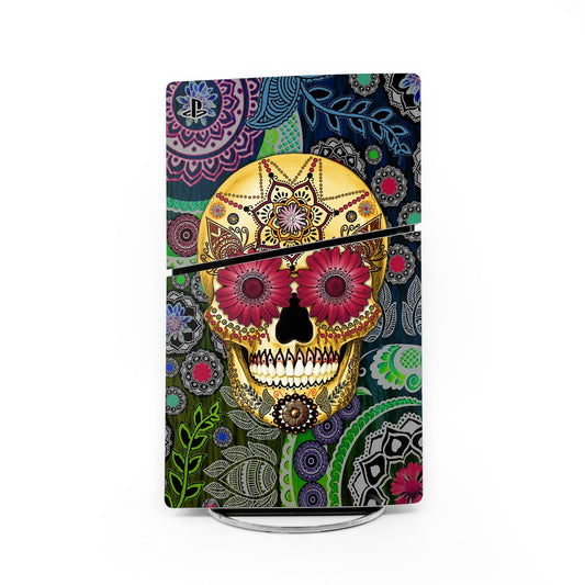 Sugar skull paisley PS5 Slim console skin, purple and green decorative artwork