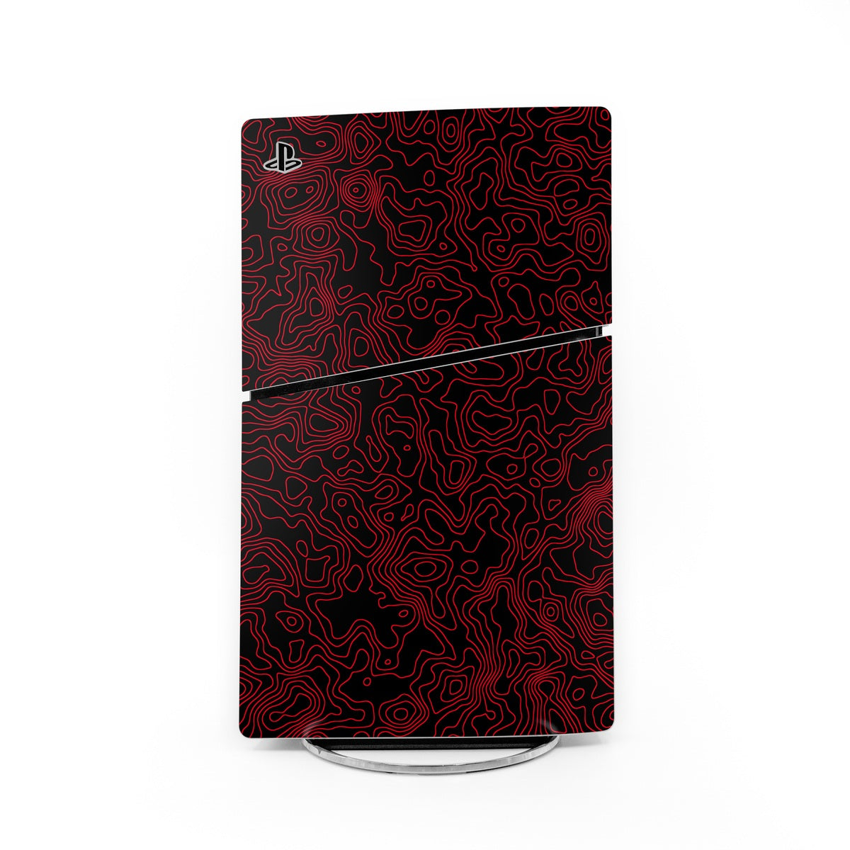 PS5 Slim skin with red and black circuit-style contour pattern