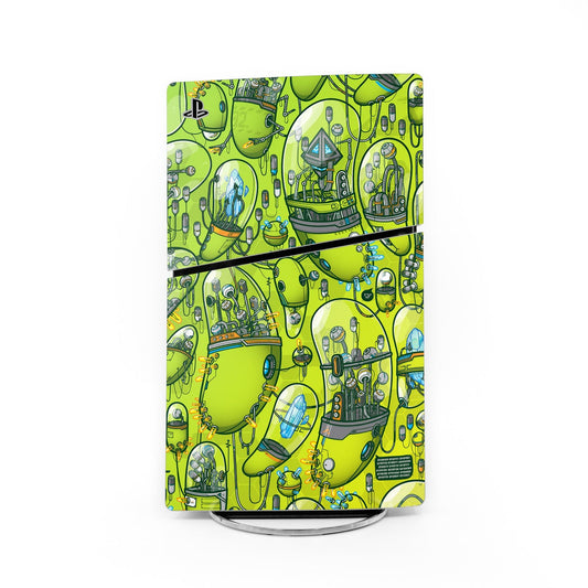 Green PS5 Slim console skin with playful robot and tool pattern