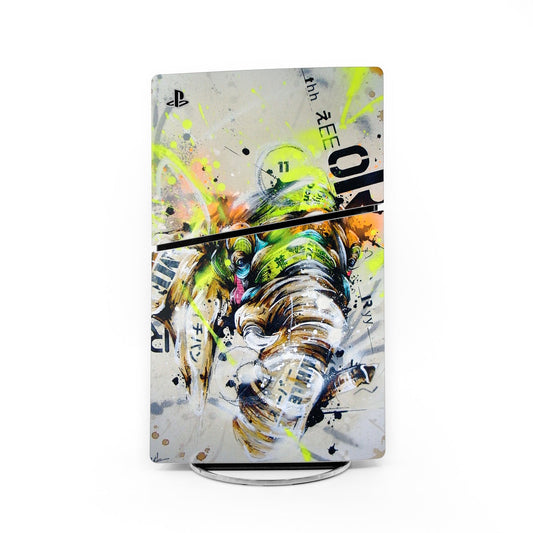 PS5 Slim console skin with colorful graffiti-style astronaut and neon green details