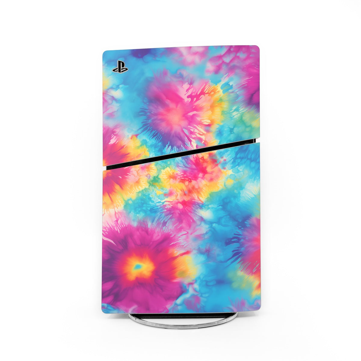 Sony PS5 Slim console skin, colorful tie-dye print with PlayStation logo