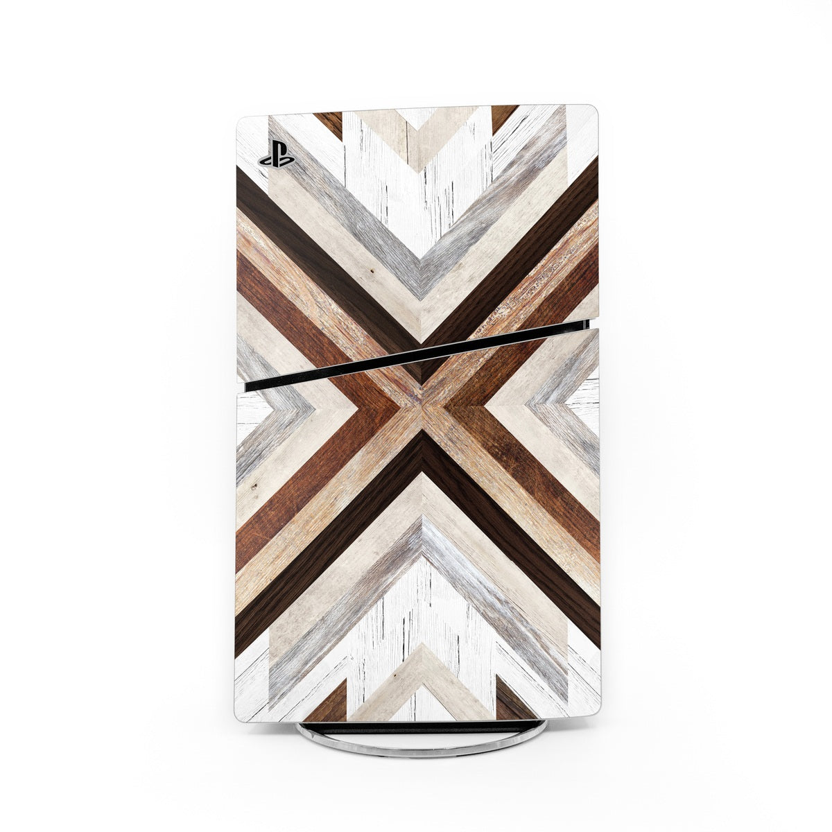 PS5 Slim skin decal with rustic wood chevron X pattern and PlayStation logo