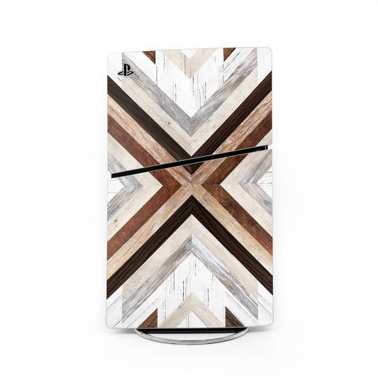 PS5 Slim skin decal with rustic wood chevron X pattern and PlayStation logo