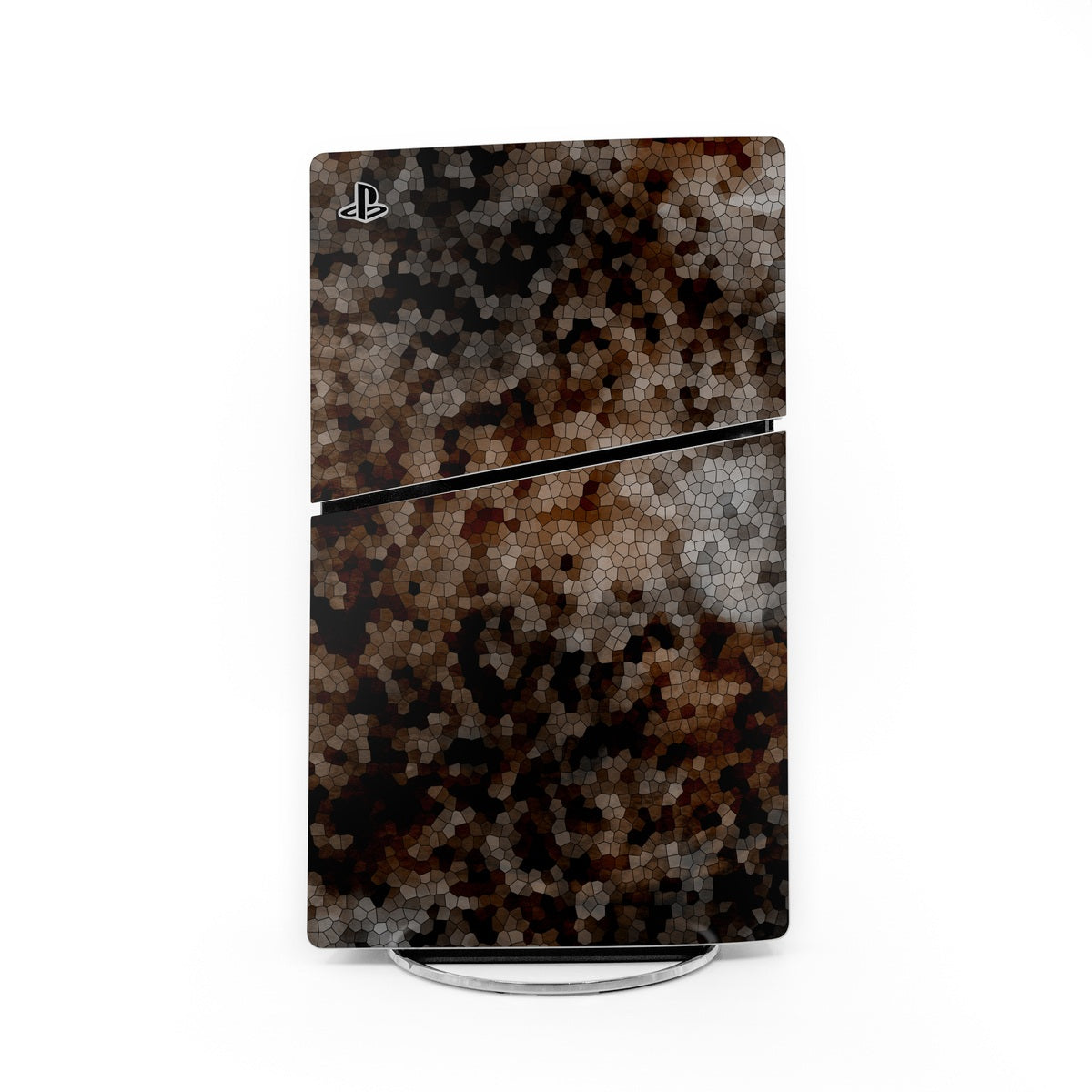 PS5 Slim console skin with dark mosaic pattern and PlayStation logo