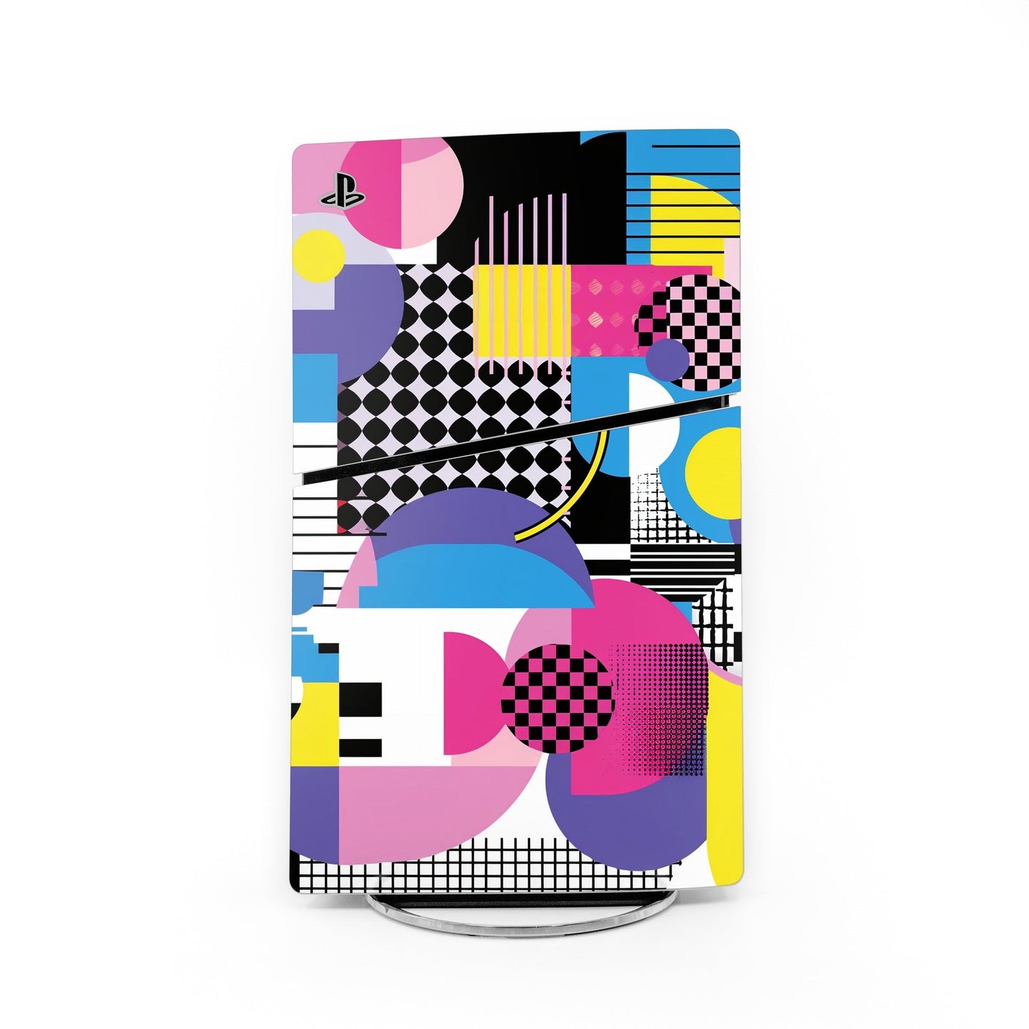 PS5 Slim console skin with colorful geometric arcade pattern and PlayStation logo