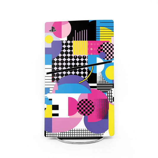 PS5 Slim console skin with colorful geometric arcade pattern and PlayStation logo