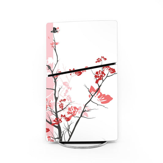 PS5 Slim console skin with pink and red floral branch pattern and PlayStation logo