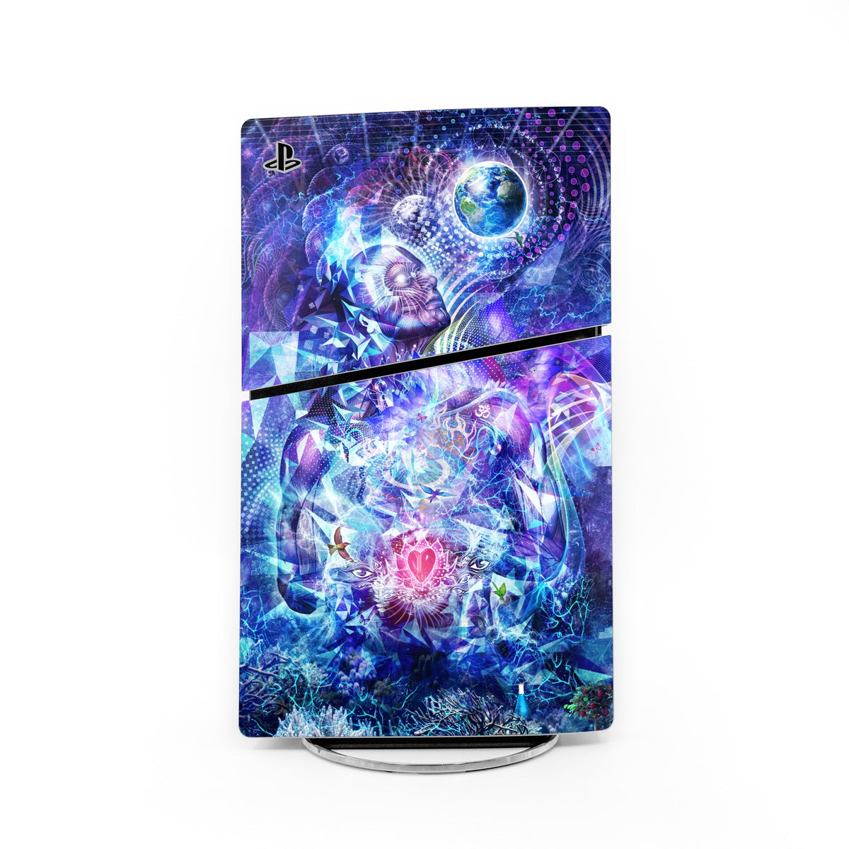 PS5 Slim console skin with purple-blue galaxy astronaut wrap design