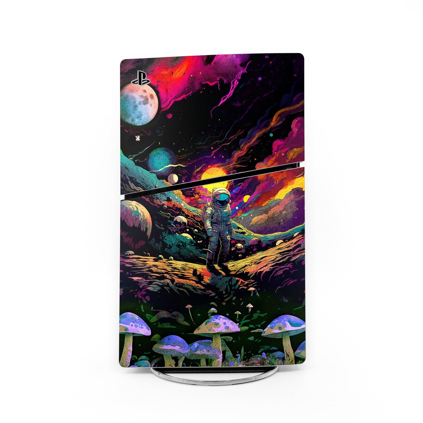 PS5 Slim console skin with colorful space scene, astronaut, planets, and neon mushrooms