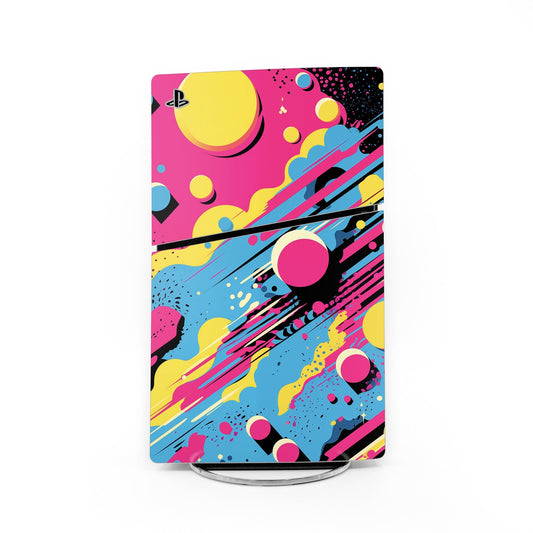 PS5 Slim console skin with colorful abstract pink, yellow, and blue artwork