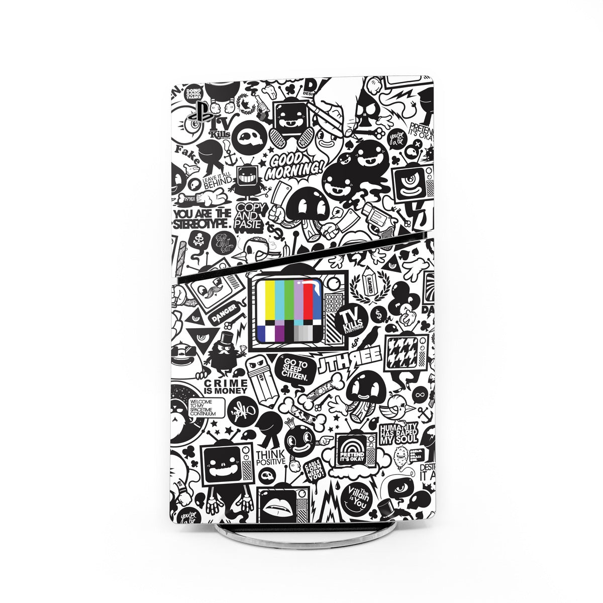 Sony PS5 Slim skin with black-and-white TV-themed doodle print