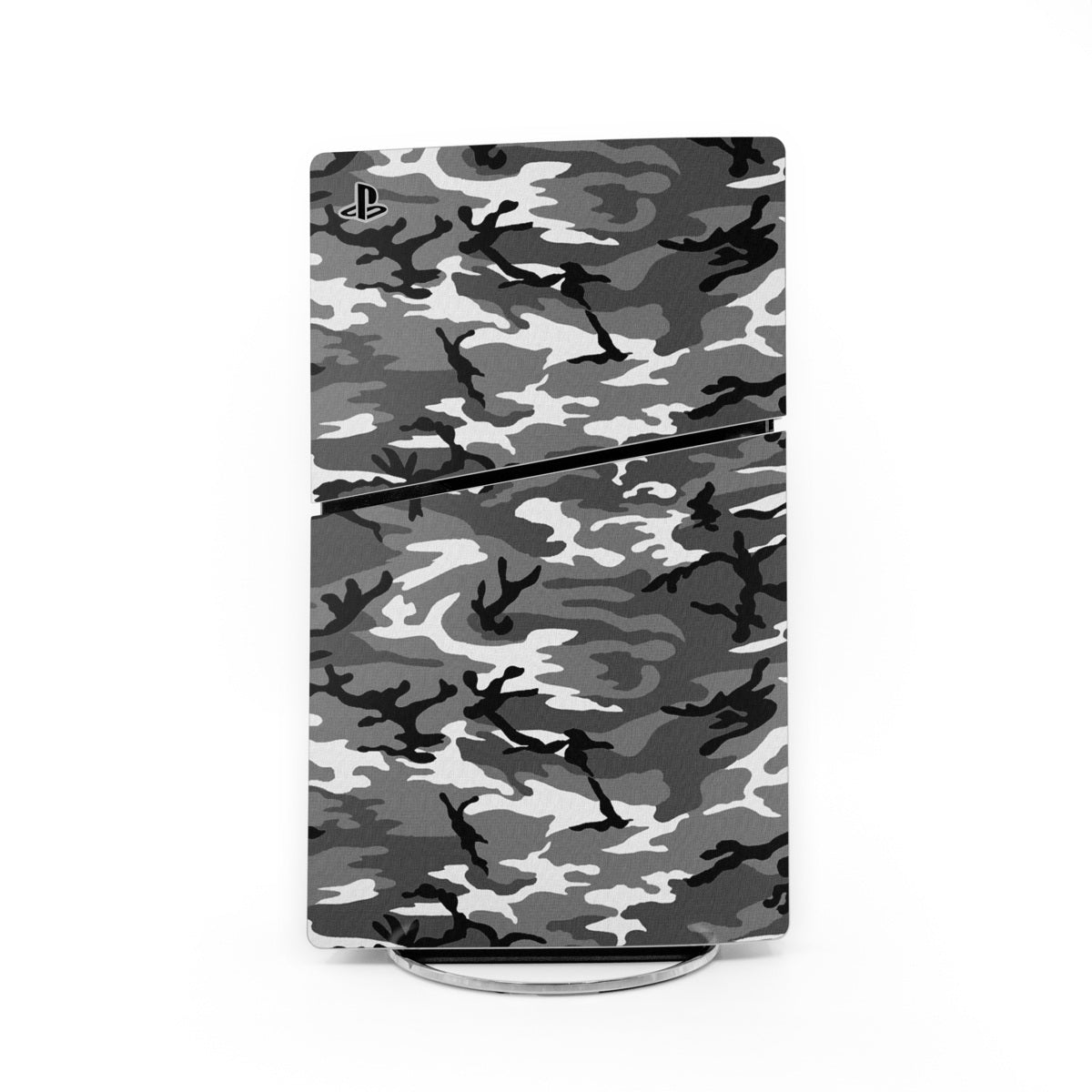 PS5 Slim skin with urban camouflage gray and black pattern, front-and-back cover.