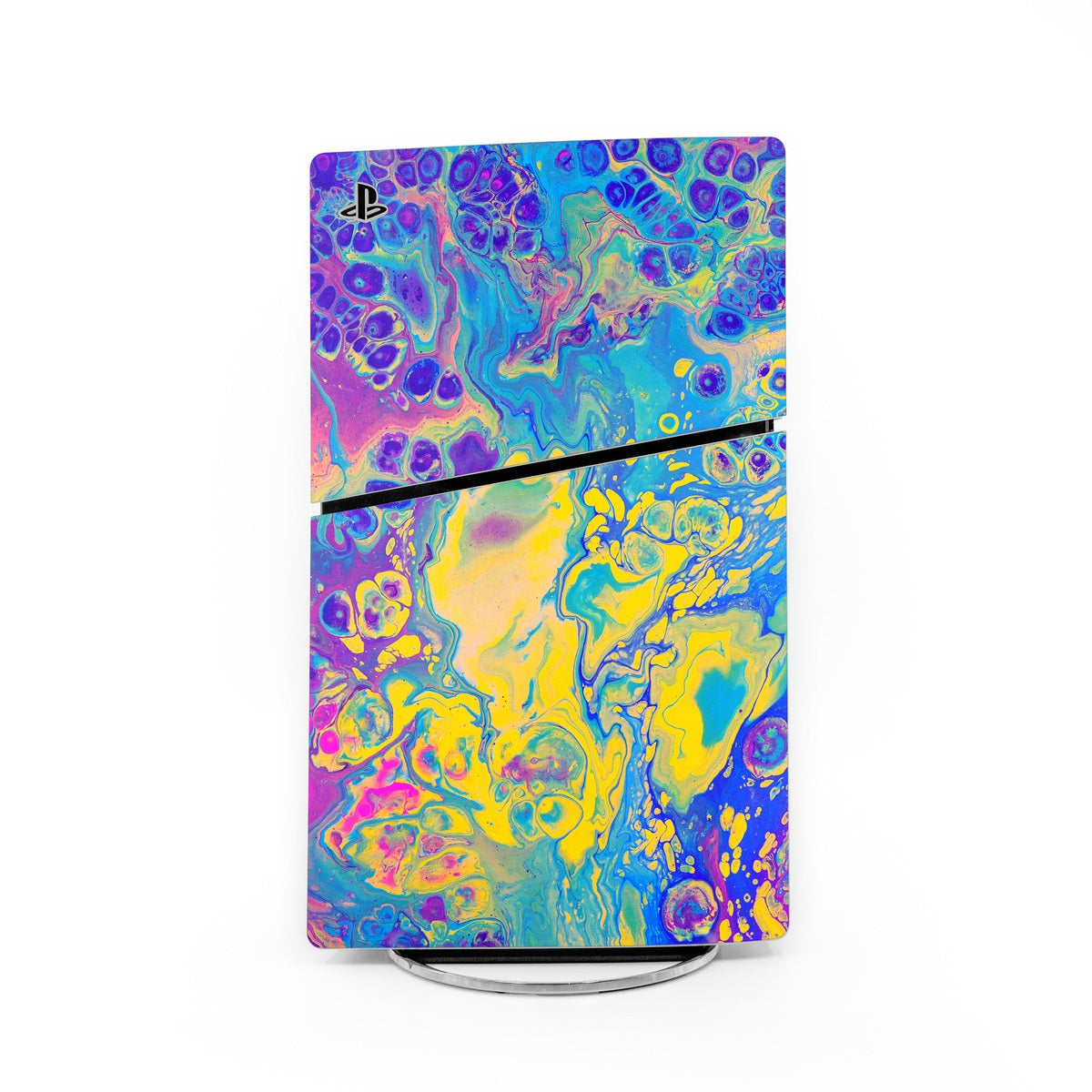 PS5 Slim skin with purple, blue and yellow abstract marble design