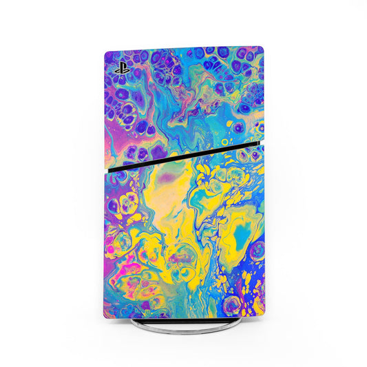 PS5 Slim skin with purple, blue and yellow abstract marble design