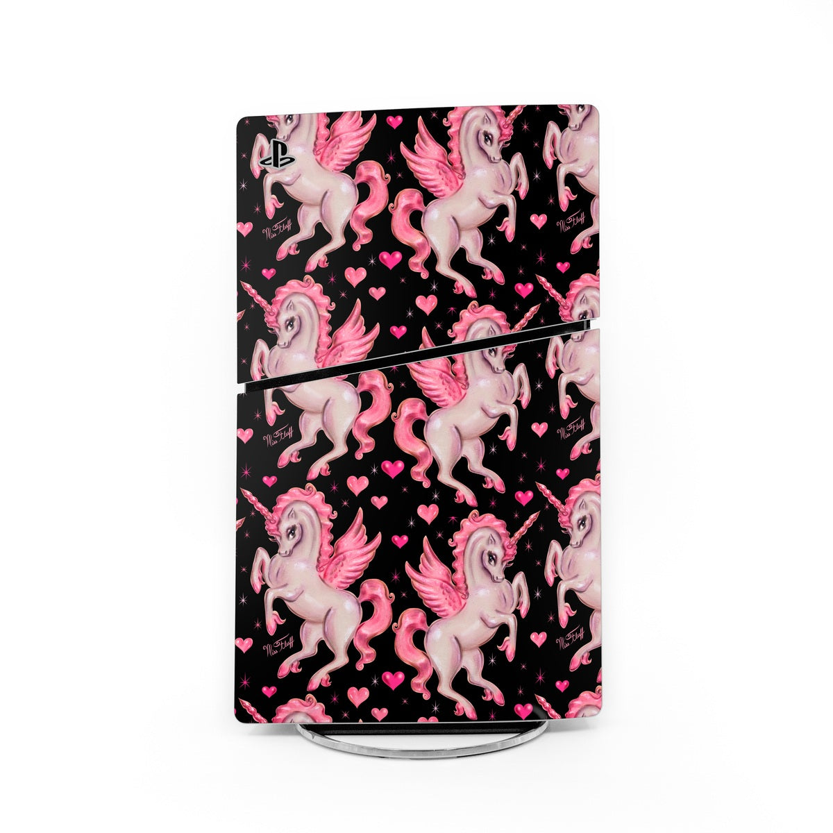 PS5 Slim console skin with pink unicorn pegasus and heart pattern on dark base
