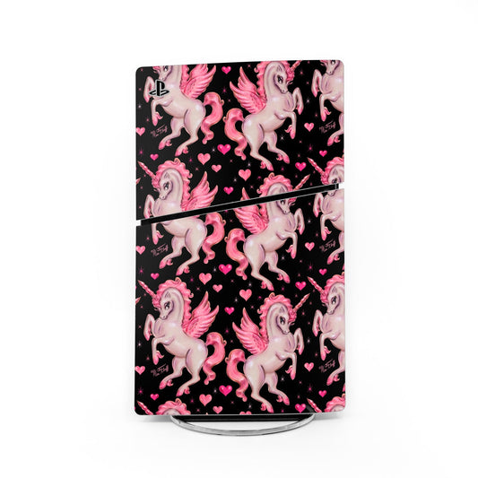 PS5 Slim console skin with pink unicorn pegasus and heart pattern on dark base