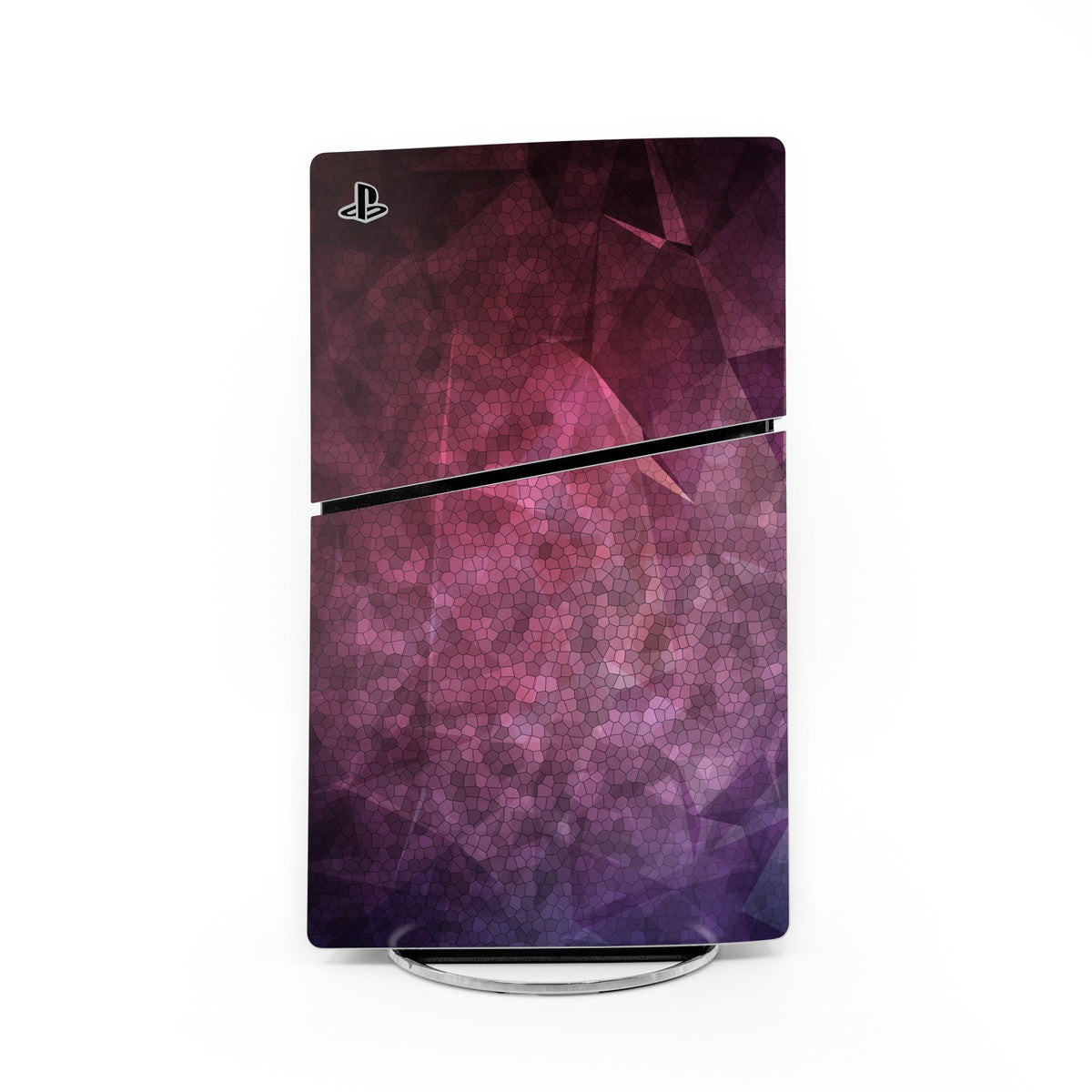 PlayStation 5 Slim skin with purple geometric pattern and PS logo