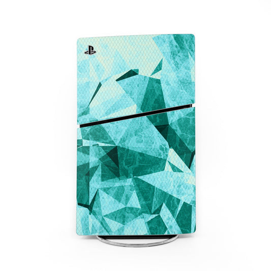 Viper PS5 Slim skin with turquoise geometric pattern, PlayStation logo, black stripe