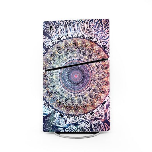 Sony PS5 Slim console skin with colorful iridescent mandala graphic