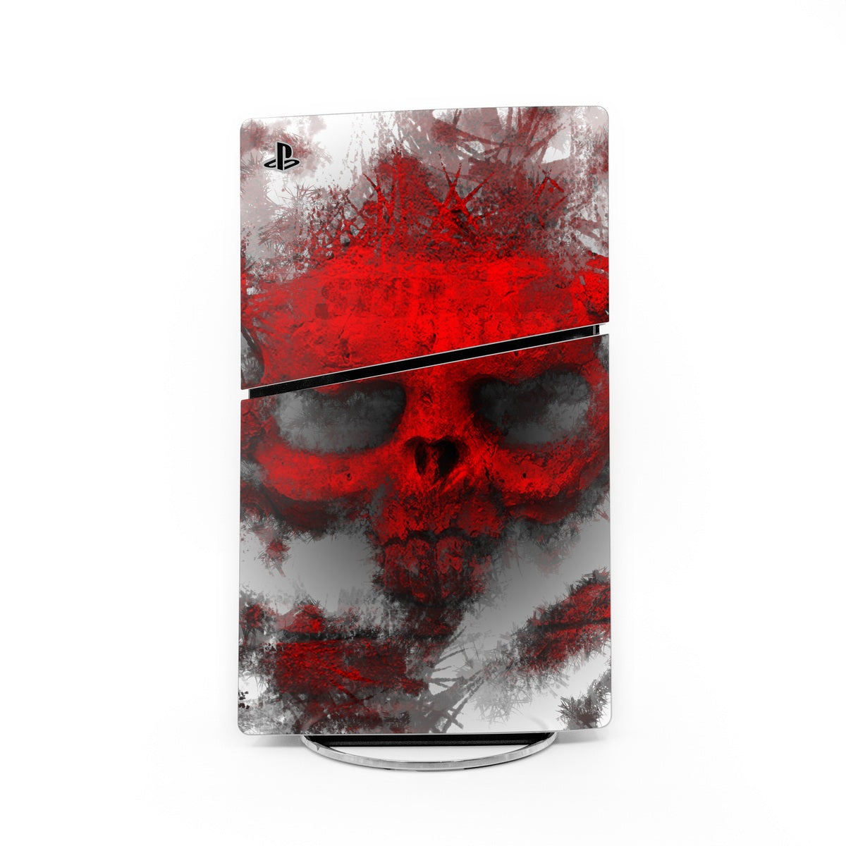 PS5 Slim console skin, red skull graphic on gray background