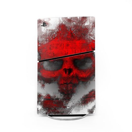PS5 Slim console skin, red skull graphic on gray background