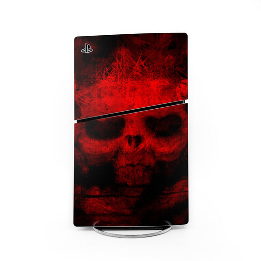 PS5 Slim skin decal with red skull and PlayStation logo on dark background