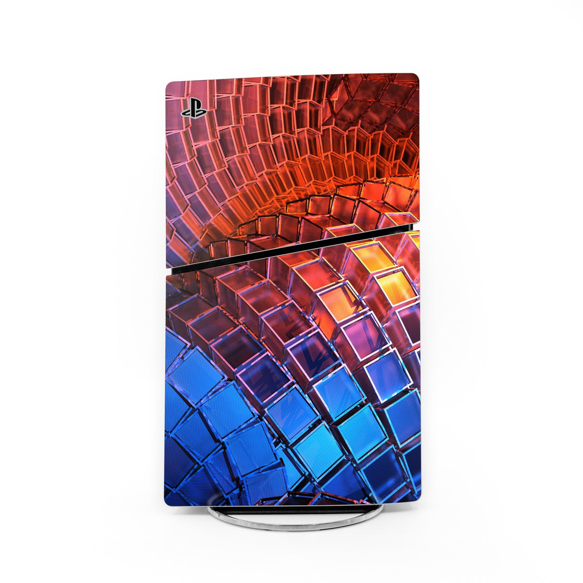 PlayStation PS5 Slim skin with colorful wave grid pattern and small PS logo