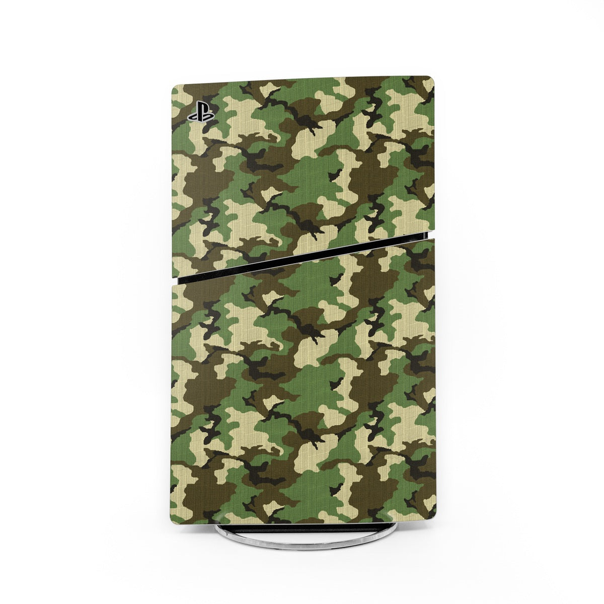 Woodland camo PS5 Slim console skin with brown and green camouflage pattern