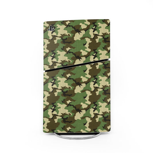 Woodland camo PS5 Slim console skin with brown and green camouflage pattern