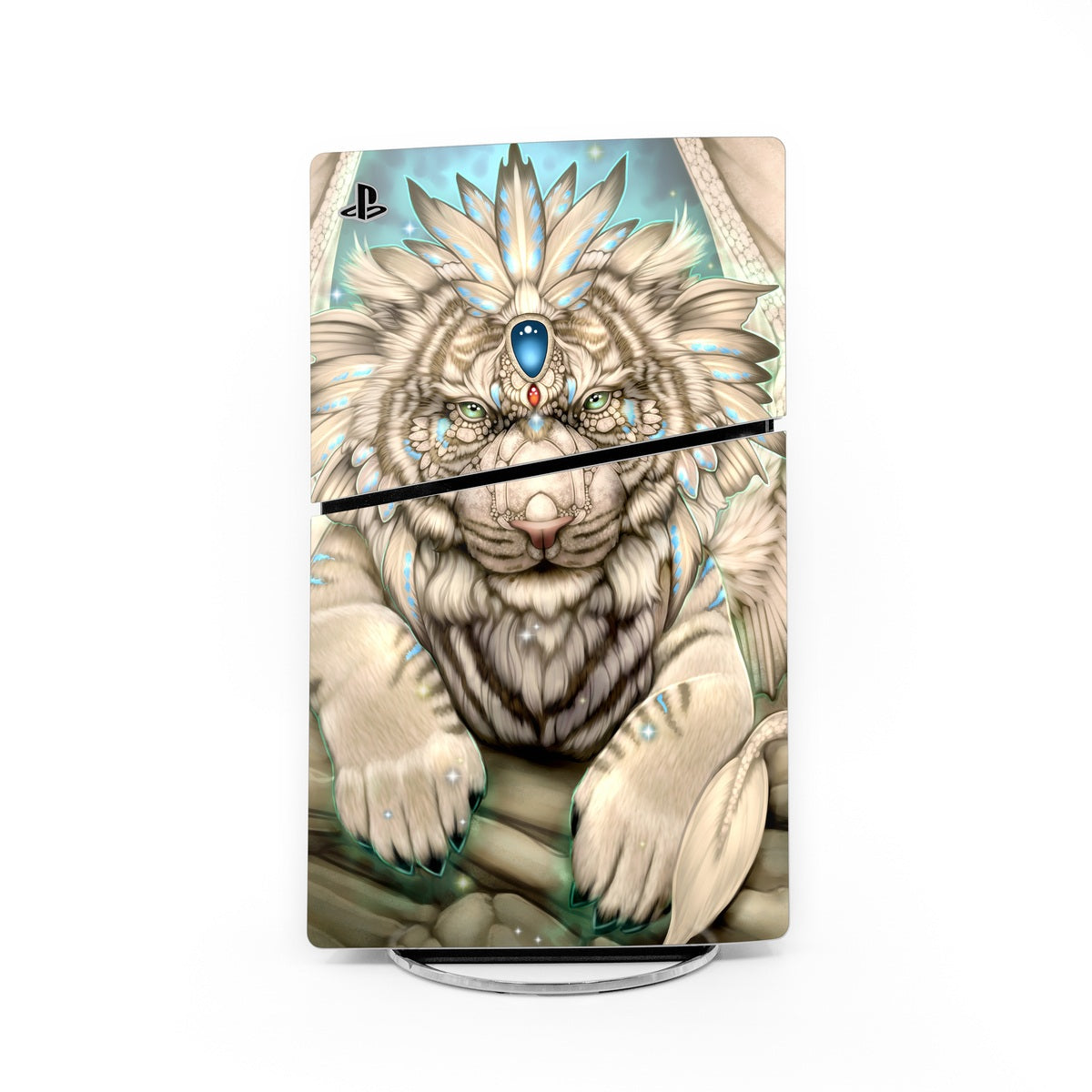 PS5 Slim console skin with blue-white lion guardian graphic